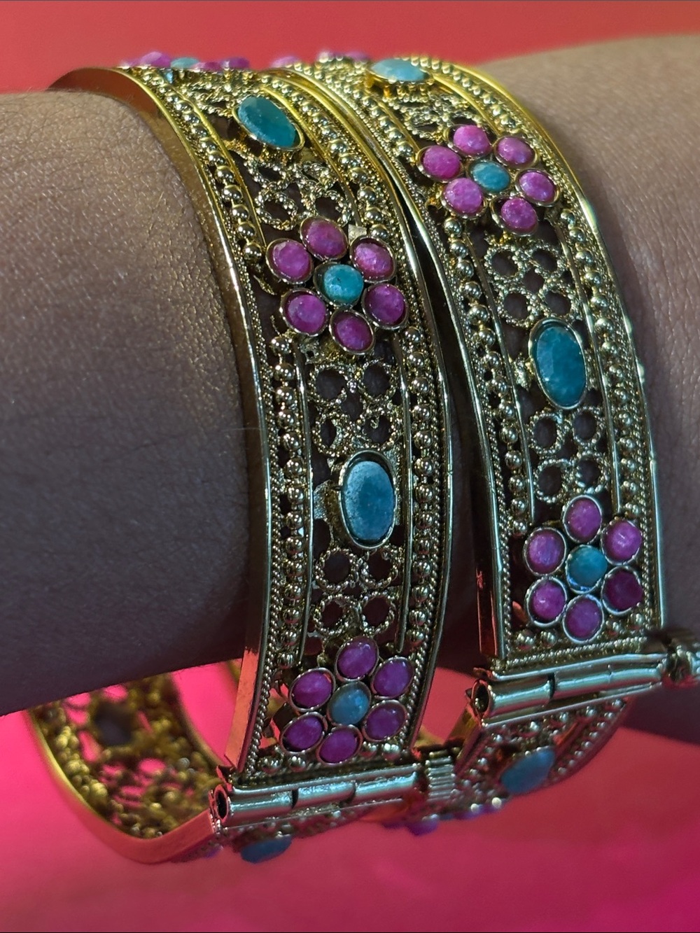 Gold-Tone Floral Gemstone Bangle Bracelet - Pink & Turquoise